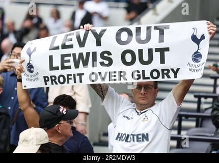 London, UK. 20th May, 2023. Tottenham fans hold up a sign saying ‘Levy Out Lewis Out' during the Premier League match at the Tottenham Hotspur Stadium, London. Picture credit should read: Paul Terry/Sportimage Credit: Sportimage Ltd/Alamy Live News
