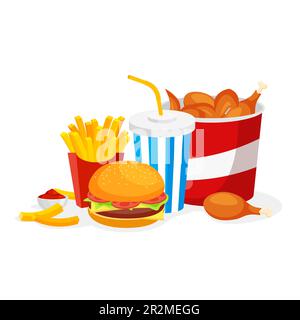 Fast food classic menu take away. American meal big set. French fries, soda, cheese burger, crispy chicken legs. Soft carbonated drink. Vector. Stock Vector