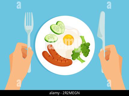 Delicious healthy breakfast on a plate top view. Omelette, grilled sausages, vegetables. Hands is holding fork and knife. Vector illustration isolated Stock Vector