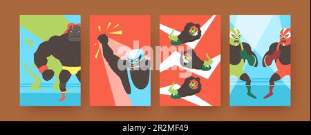 Set of contemporary art posters with angry Mexican fighters Stock Vector