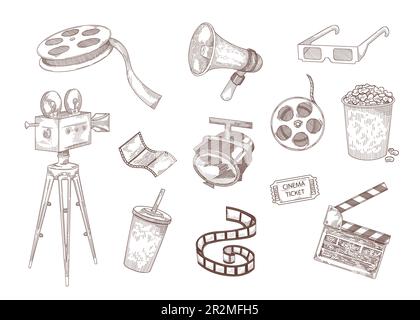 Cinema elements engraved illustrations set Stock Vector