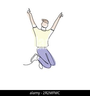 Single line drawing of jumping man with abstract shapes Stock Vector