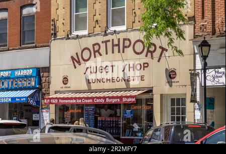 front exterior of the Northport Sweet Shop in Northport, NY Stock Photo