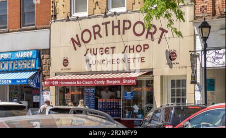 front exterior of the Northport Sweet Shop in Northport, NY Stock Photo