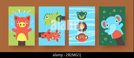 Set of contemporary art posters with cute hand sock puppets Stock Vector