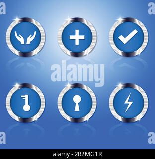 Realistic blue crystal glass metal shield include safety and protection symbol isolated on a gradient background. Stock Vector