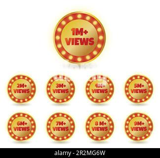 Set of 1 million views to 9 million views gold badge sticker clipart vector illustration Stock Vector