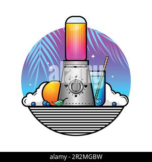 Smoothie blender with fruits and tropical cocktail. Vector still life. Stock Vector