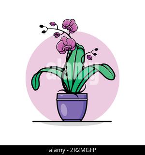 Orchid flower in pot. Exotic floral flat design. Stock Vector