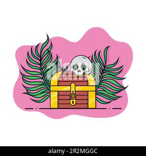 Pirate treasure chest and human skull on palm leaf background. Vector cartoon illustration. Stock Vector