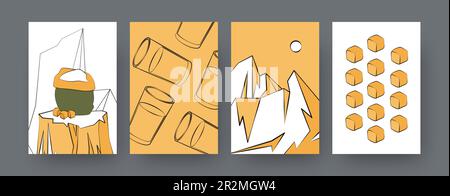 Set of contemporary art posters with sugar cane cubes and juice Stock Vector