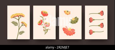 Collection of abstract beautiful blooming flowers in pastel colors Stock Vector