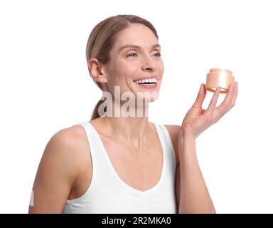 Woman with jar of body cream on white background Stock Photo