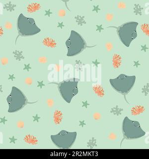 Vector seamless pattern with devilfish, starfish, algae.Underwater cartoon creatures.Marine background.Cute ocean pattern for fabric, childrens Stock Vector
