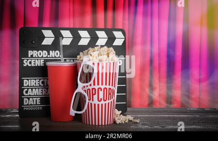 Delicious popcorn, drink, 3D glasses and clapperboard on wooden table against closed red main curtain, space for text Stock Photo