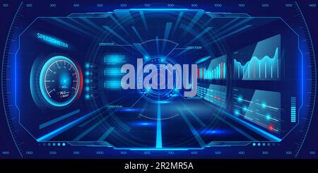 Car tech. Futuristic HUD game screen. Military dashboard and future interface technology. Digital virtual space. Speedometer and infographic panels. A Stock Vector