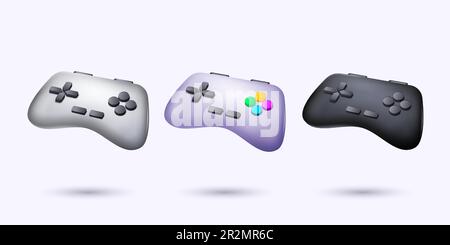 3d game joystick. Control gamer toy, game pad for play in videogames, video joypad render isolated elements different colors, joy pad device. Modern c Stock Vector