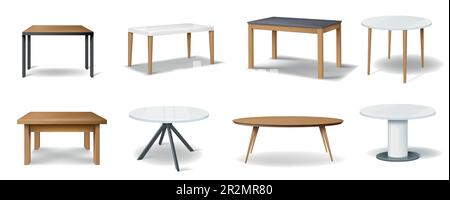 3D tables. Kitchen stand furniture. Desk with platform and legs. Office plastic stage. Dining wooden tabletop. Isolated objects for showroom. Circle o Stock Vector