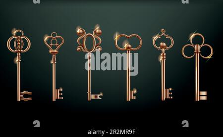 Vintage gold keys. Realistic isolated elements different forms. House door opener, home room latchkeys with creative luxury metal, retro security, med Stock Vector