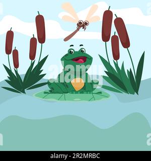 Frog sits on lake in reeds, dragonfly flying. Wild amphibian catching insects, croaking cute aquatic animal, amphibious in nature, bullfrog on river v Stock Vector