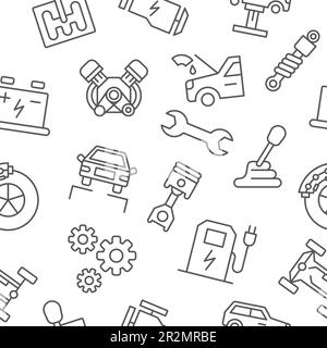 Car repair. Auto service pattern. Mechanic tool icons for shop or garage. Vehicle fix maintenance. Automotive workshop. Spare equipment. Wrench and ge Stock Vector