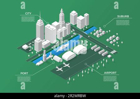 Isometric map city. 3D white town district elements. Houses and roads. Tree plants. Urban or suburb streets. Modern airport. Apartment blocks. Downtow Stock Vector