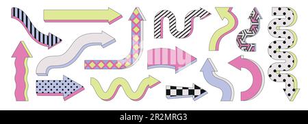 Arrows flat set. Abstract arrow with simple patterns. Memphis design, colorful cartoon trendy sign for banner, presentation or infographic. Direction Stock Vector