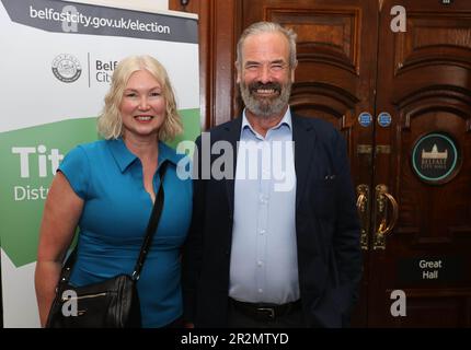 Alliance Party candidate David Bell (right) celebrates winning a seat with his partner Brenda McCleary at Belfast City Hall during the Northern Ireland council elections Picture date: Saturday May 20, 2023. Stock Photo