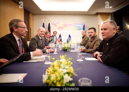 President of the Ukraine Zelensky meets with German Chancellor Olaf Scholz as Zelensky arrives in Japan to make a presentation to the world leaders attending the G7 Summit. Stock Photo