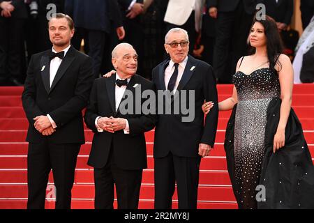 (left to right) Leonardo DiCaprio, Martin Scorsese, Robert De Niro and Cara Jade Myers attending the premiere for Killers of the Flower Moon during the 76th Cannes Film Festival in Cannes, France. Picture date: Saturday May 20, 2023. Photo credit should read: Doug Peters/PA Wire Stock Photo