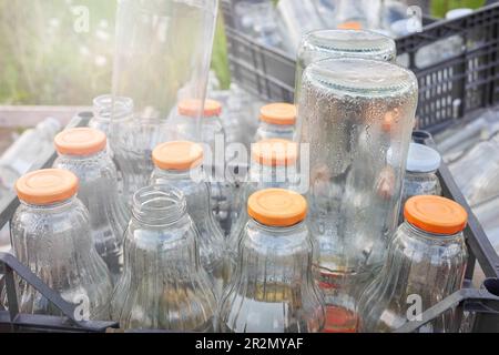 Used empty glass bottles stored in containers for recycling, selective focus. Stock Photo