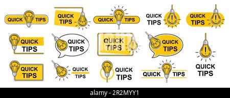 Quick tips, hint, helpful advice with electric light bulb, did you know, useful learning information icon set. Idea, expert help speech bubble. Vector Stock Vector