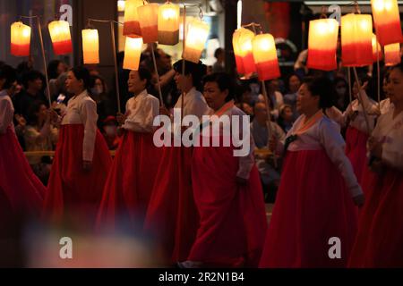 Buddhists light lotus lanterns and march in Seoul, South Korea, on May 20, 2023. The upcoming 27th is Buddha's birthday. The Yeondeung Parade, which could not be celebrated due to COVID-19, was held after three years. in Seoul, South Korea. Credit: Kitae Lee/ Alamy Live News Stock Photo