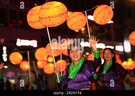 Buddhists light lotus lanterns and march in Seoul, South Korea, on May 20, 2023. The upcoming 27th is Buddha's birthday. The Yeondeung Parade, which could not be celebrated due to COVID-19, was held after three years. in Seoul, South Korea. Credit: Kitae Lee/ Alamy Live News Stock Photo