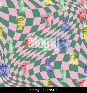 Antique ancient greek human statue, roman column, greek sculpture, checkerboard pattern seamless pattern. Fashionable modern texture with ancient gree Stock Vector