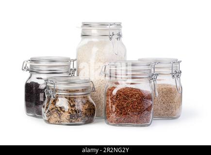 Raw rice in a jar isolated on white Stock Photo