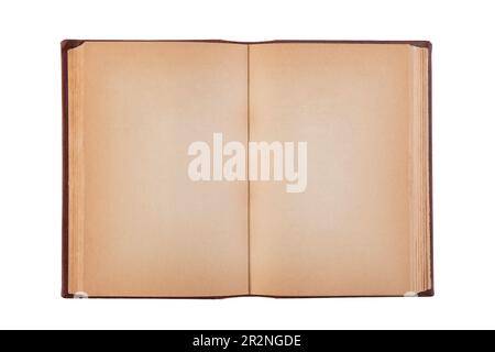 Open old book with blank yellow stained pages isolated on white background with clipping path Stock Photo