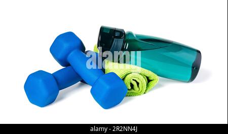 dumbbells and Sports Bottle Isolated on white background Stock Photo