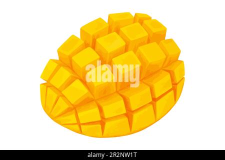Vector mango slice cut to cubes. Half fresh tropic fruit diced. Realistic eps illustration isolated on white background. Stock Vector