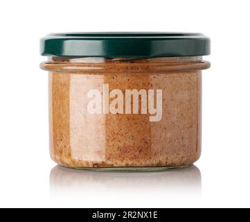 meat Pate in glass jar isolated on white background Stock Photo