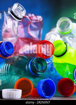 Empty colored carbonated drink bottles. Plastic waste Stock Photo