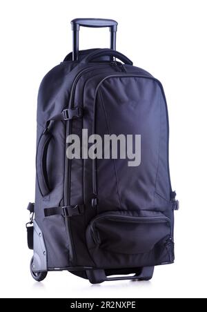 Large black tourist backpack with wheels isolated on white background Stock Photo