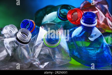 Empty colored carbonated drink bottles. Plastic waste Stock Photo