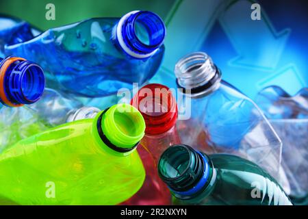 Empty colored carbonated drink bottles. Plastic waste Stock Photo