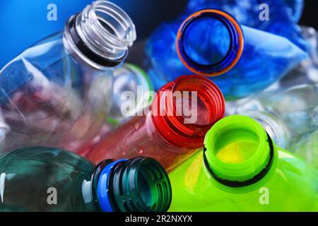 Empty colored carbonated drink bottles. Plastic waste Stock Photo