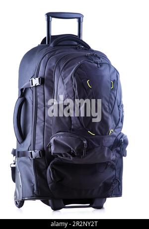 Large black tourist backpack with wheels isolated on white background Stock Photo