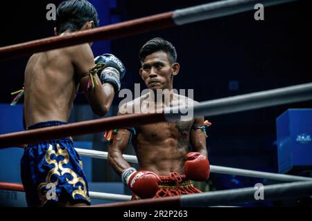 Bangkok, Thailand. 07th Nov, 2022. Muay Thai boxers seen during a fight, at Bangkokís Rajadamnern stadium. Muay Thai fights at Thailand's iconic boxing Rajadamnern stadium, the dream stage for competitors and it is favourite for combat sports all over the world. (Photo by Nathalie Jamois/SOPA Images/Sipa USA) Credit: Sipa USA/Alamy Live News Stock Photo