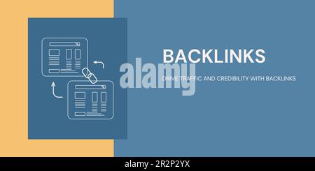 Backlinks Banner on Yellow and Blue Background. Stylish SEO Banner with White Text and Icons for Business and Marketing Stock Vector