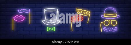 Moustache, lips, masks on sticks and pince-nez neon signs set Stock Vector