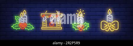 Burning candles and fireplace with socks neon signs set Stock Vector
